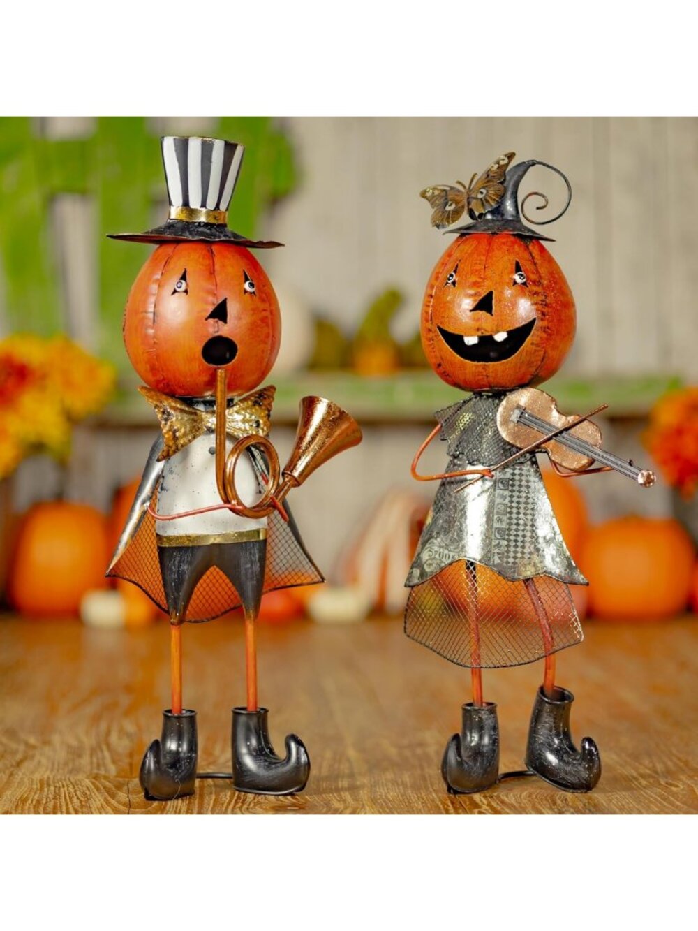 Set of 2 Metal Jack-O-Lantern Musicians Halloween Decor, 21 Inch, Indoor/Outdoor